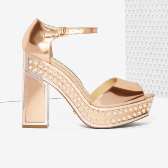 Kat Maconie Rose Gold + Pearl 70s Platform Heels sz 9.5 - Picture 1 of 4